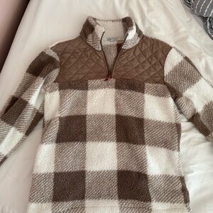 Brown and White Plaid Sherpa Pullover